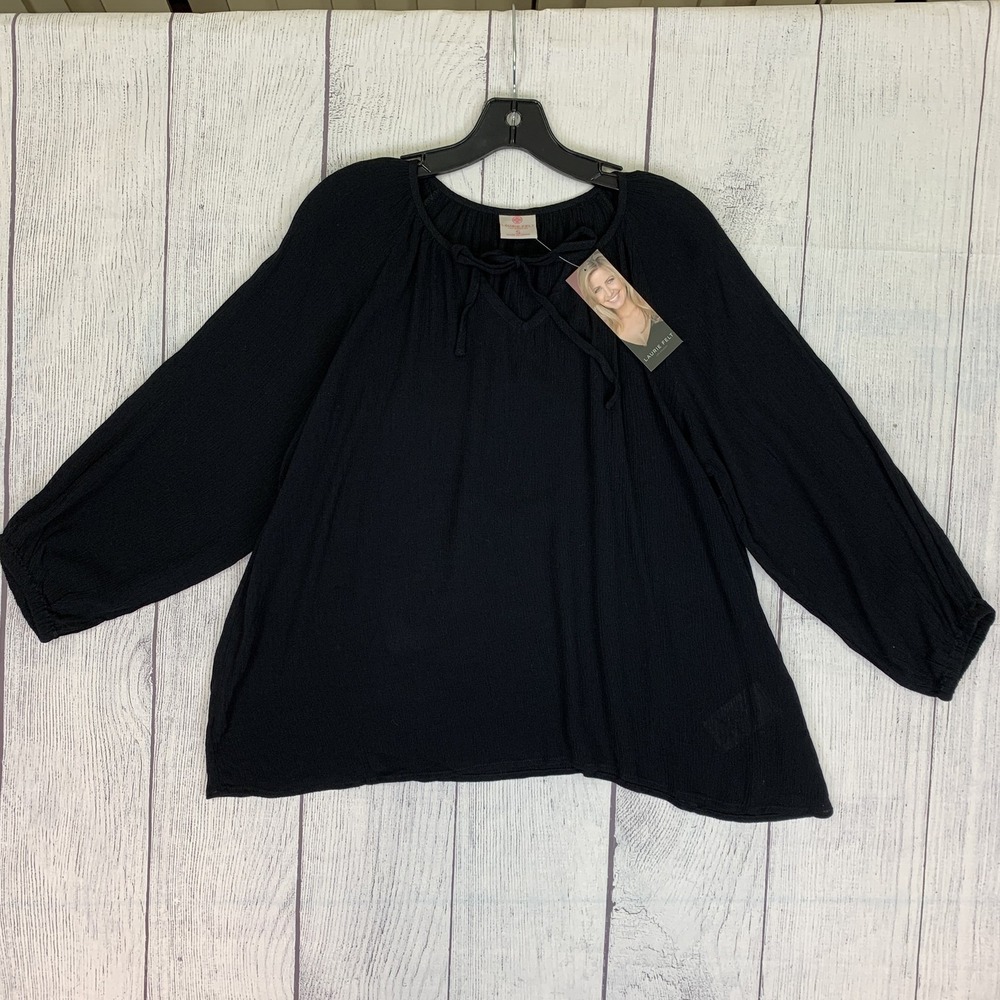 Laurie Felt Top Womens S Black 100% Rayon V Neck Balloon Sleeve Tunic Blouse